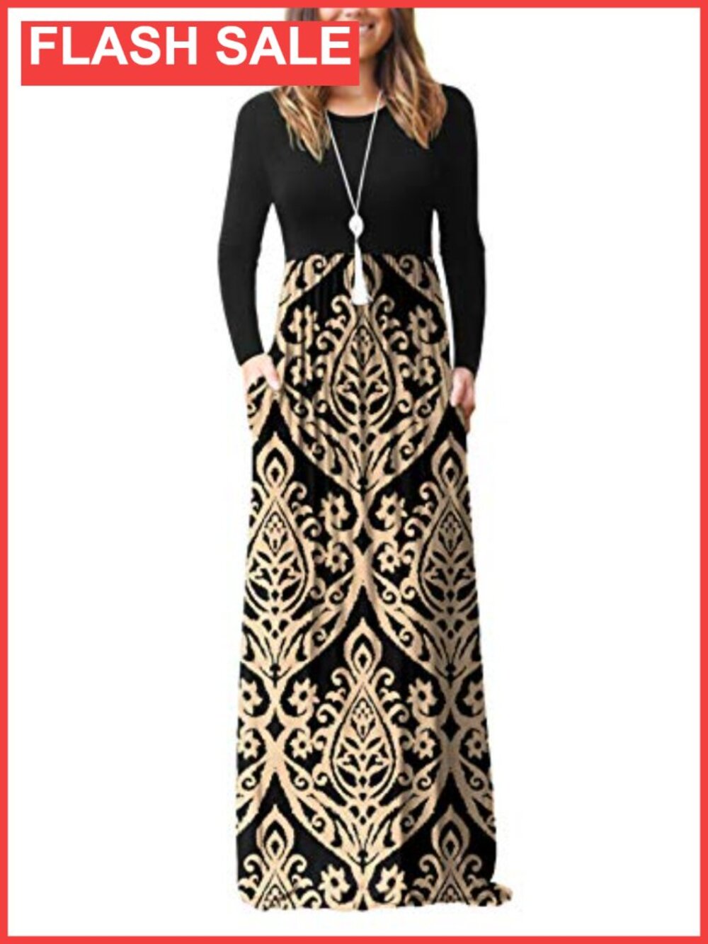 Women's Maxi Dress Long Sleeve Empire Waist A-Line with Pockets